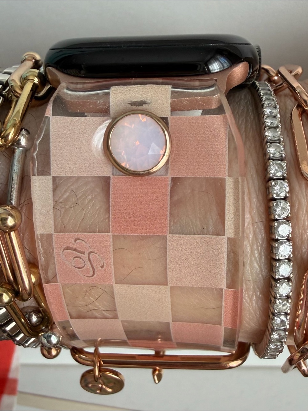 Rose Gold Checkered Resin Apple Watch Cuff with Pink Opal Accent
